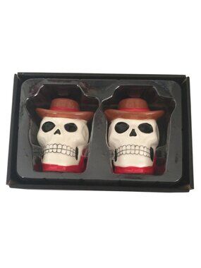 Spooky Hollow Cowboy Skeleton Ceramic Salt & Pepper Shakers 3 1/4"
